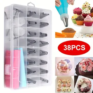 38pcs/set Stainless Steel Piping Nozzle & Box Set, Simple Piping Tip & Storage Box For Baking Including 32 Mounting Tips + 2 Mounting Nails + 2 Mounting Bags + 2 Converters)