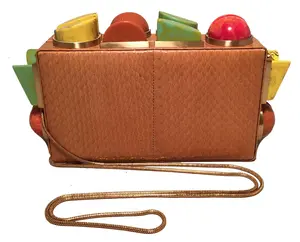 Pre-owned Tonya Hawkes Faux Snakeskin Clutches & Wristlets Tan Convertible Clutch with Marble Multicolor StudsTonya Hawkes Tan Convertible Clutch with Marble Multicolor Studs