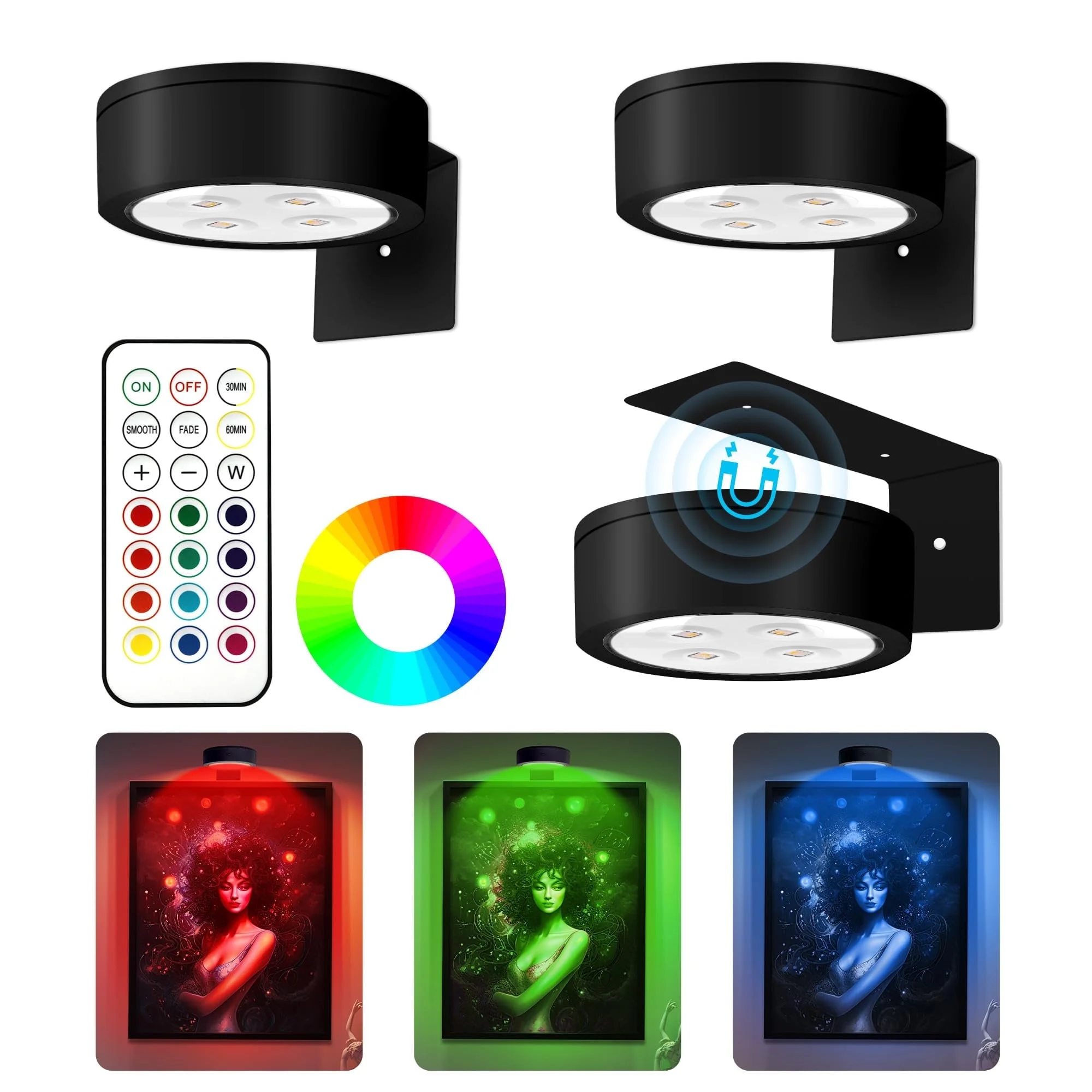 3 Pieces Magnetic LED Art Display Lights, 13 RGB Colors, for Photo Frame Artwork, Wireless Painting with Remote Control, Party Home, Wall Decor Puck L