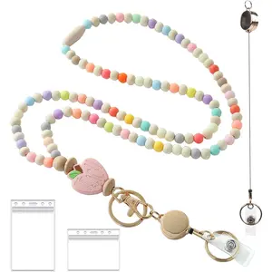 Wooden Beaded Lanyard for Women - Teacher Nurse ID Badge Holder - Retractable Breakaway Keychain for Keys