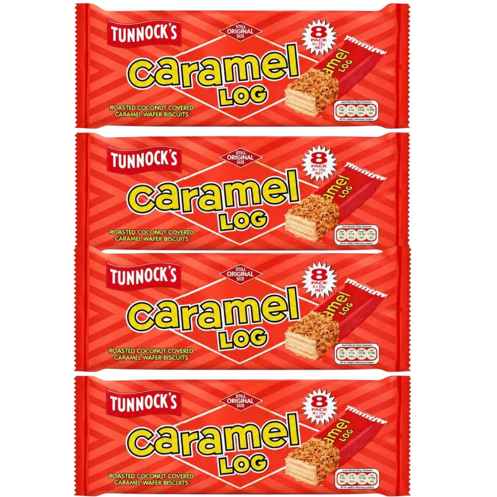 Tunnock's Original Size Biscuits - Roasted Coconut-Covered Gluten Wafers with Caramel, Wheat, Sweetened Condensed Milk, Cane Syrup, 4 Assorted Snack Box Wafers Bundle (8x32g Bars), Fresh Stock Easy Bites for All Ages