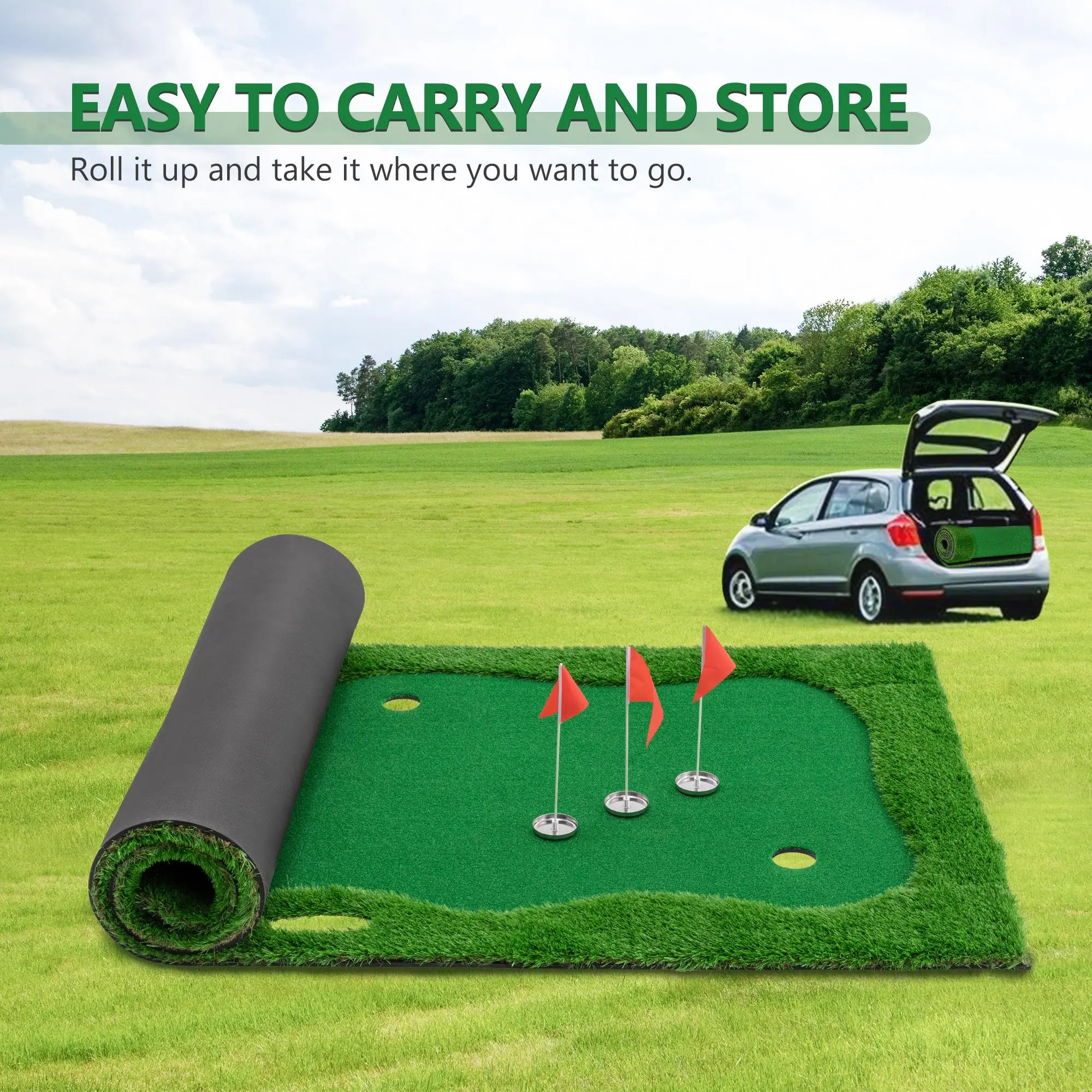 12x5 FT Roll-Up Golf Putting Green - Golf Practice Mat with Realistic High-Quality Turf, 3 Holes, 3 Flags, Cups, Stainless Steel Components for All Skill Levels, Indoor Outdoor Use