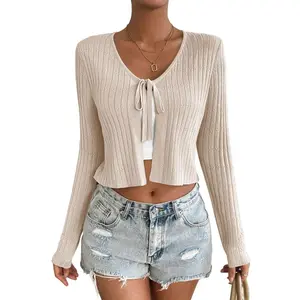 Women's Casual Tie-Front Cardigan - Lightweight Long Sleeve Knit Sweater with Chest Tie Detail Beige Apricot M