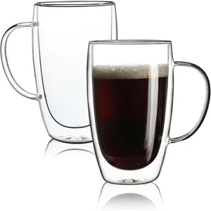 2 Pack Double Walled Glass Coffee Mugs with Handles, Large Insulated Layer Coffee Cups, 15oz Clear Borosilicate Mugs,  for Cappuccino, , Microwave Safe