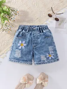 Girls' Denim Shorts Summer New Casual Cute Embroidery Shorts Light Blue Jean Color Festival Vacation Washed Raw Hem Loose Straight Fit Comfortable Cotton Fabric