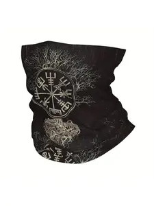 Vegvisir & Tree of Life Viking Scarf - Black Neckerchief with Nordic Symbolism, Polyester Neck Face Mask for Men and Women, Hand Washable, Nordic Style Winter Accessory, Vegvisir