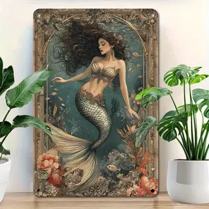 2D Flat, 1pc Vintage Mermaid Girl Metal Wall Decor - Heavy-Duty Iron Mermaid Sign with Pre-Drilled Holes, No Electricity Needed, Teal Blue, Golden, Orange & Green Oceanic Colors - Underwater Fantasy Art Plaque for Home, Bar, Cafe, Halloween