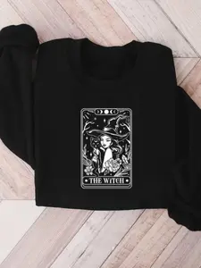 Women's Witch & Letter Print Sweatshirts, Casual Long Sleeve Sweatshirt for Fall & Winter, Women's Clothes for Daily Wear