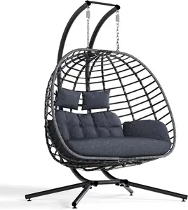 SWITTE Double Egg Swing Chair with Stand, Outdoor Patio 2 Person Hanging Wicker Hammock Chairs with Cushion for Indoor Bedroom, Lawn, Garden-Dark Grey