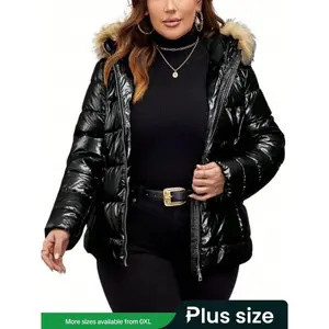 Women's Plus Size Hooded Puffer Jacket, Warm Street Style Coat with Faux Fur Collar, Hidden Zipper, Pockets, Fall & Winter Fashion
