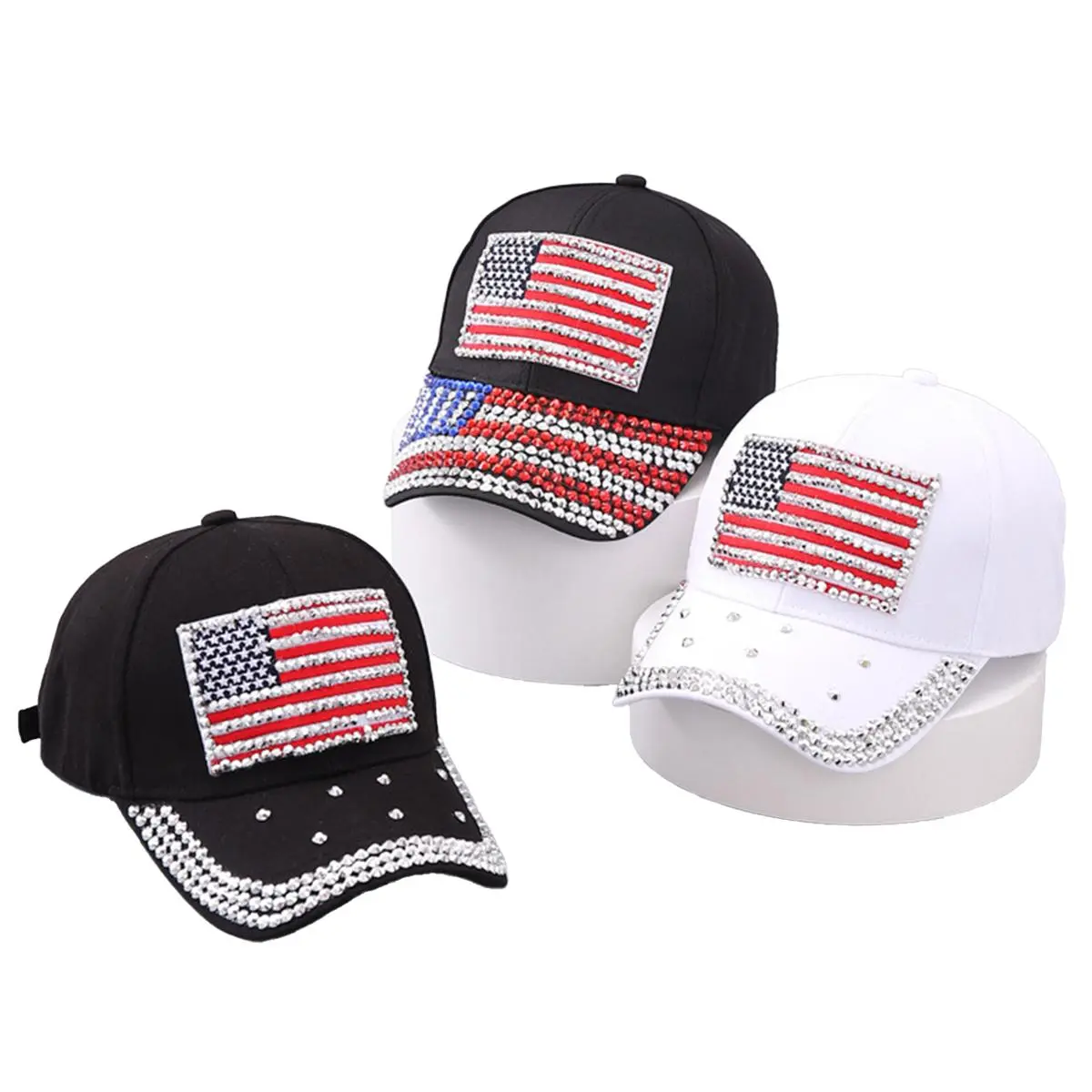 Women's Classy USA Flag Rhinestone Baseball Cap, Glitter Hip Hop Caps, Adjustable American Style Daily Hat