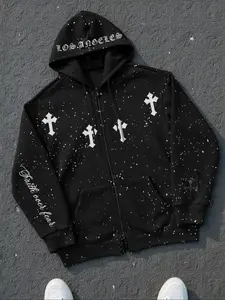 Men's Fall Winter Zip Hooded Jacket, Starry Dye Pullover, Vintage Street Art Style, Casual Long Sleeve Hoodie,  Thick Soft Fabric, Mens Top For Daily Wear