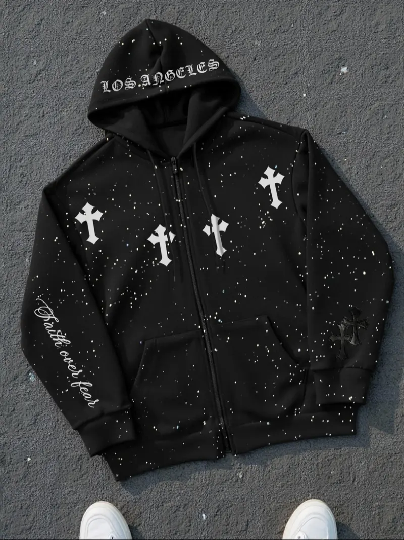 Men's Fall Winter Zip Hooded Jacket, Starry Dye Pullover, Vintage Street Art Style, Casual Long Sleeve Hoodie,  Thick Soft Fabric, Mens Top For Daily Wear