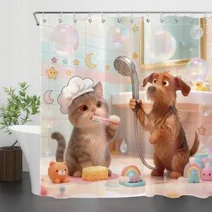 Cute Cat Dog Funny Animal Colorful Bubble Waterproof Polyester Shower Curtain for Kids Bathroom with Plastic Hooks 72"W x 72"L