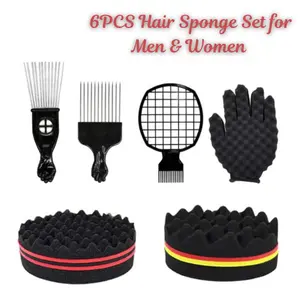 CHRISTMAS GIFT 6PCS Hair Sponge Set for Men & Women – Includes Magic Curl Glove, Afro Brush, Metal Pick Comb & Twist Comb for Natural Hair Styling & Curl Definition (Black)