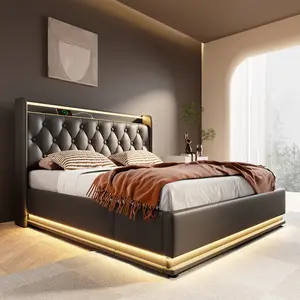 Queen size Upholstered bed with Smart LED Lights, Lift Up Storage Bed Queen, hydraulic storage bed with USB Type-C charging, Black,PU Leather Bed (Without mattress)