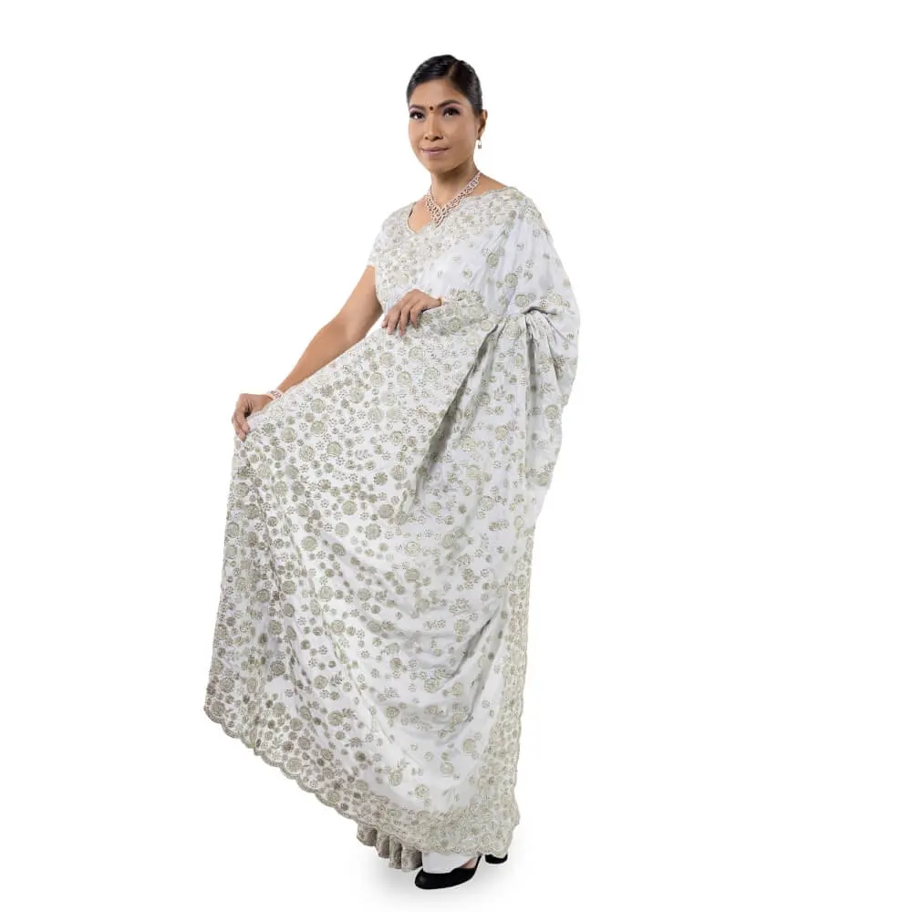 Satin Silk saree with bead work embroidery -  Gray
