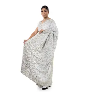 Satin Silk saree with bead work embroidery -  Gray