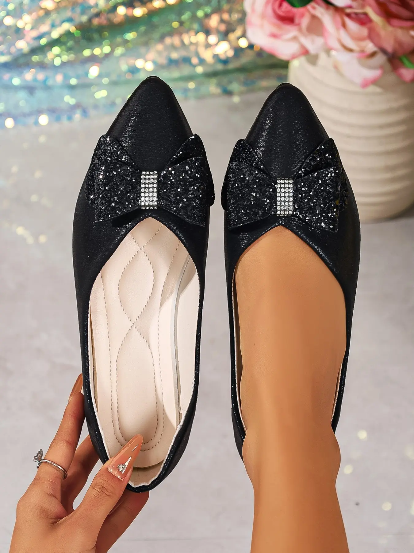 Women's Sparkle Bow Pointed Toe Flats, Glossy Texture Memory Foam Insole, Elegant One-Step Wedding Party Shoes, All Seasons Casual Style, Slip On Shoes