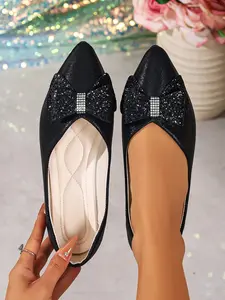 Women's Sparkle Bow Pointed Toe Flats, Glossy Texture Memory Foam Insole, Elegant One-Step Wedding Party Shoes, All Seasons Casual Style