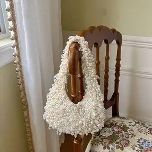 Elegant White Pearl Evening Bag with Crescent Moon Design - Perfect for Parties, Weddings, Dinners & Banquets