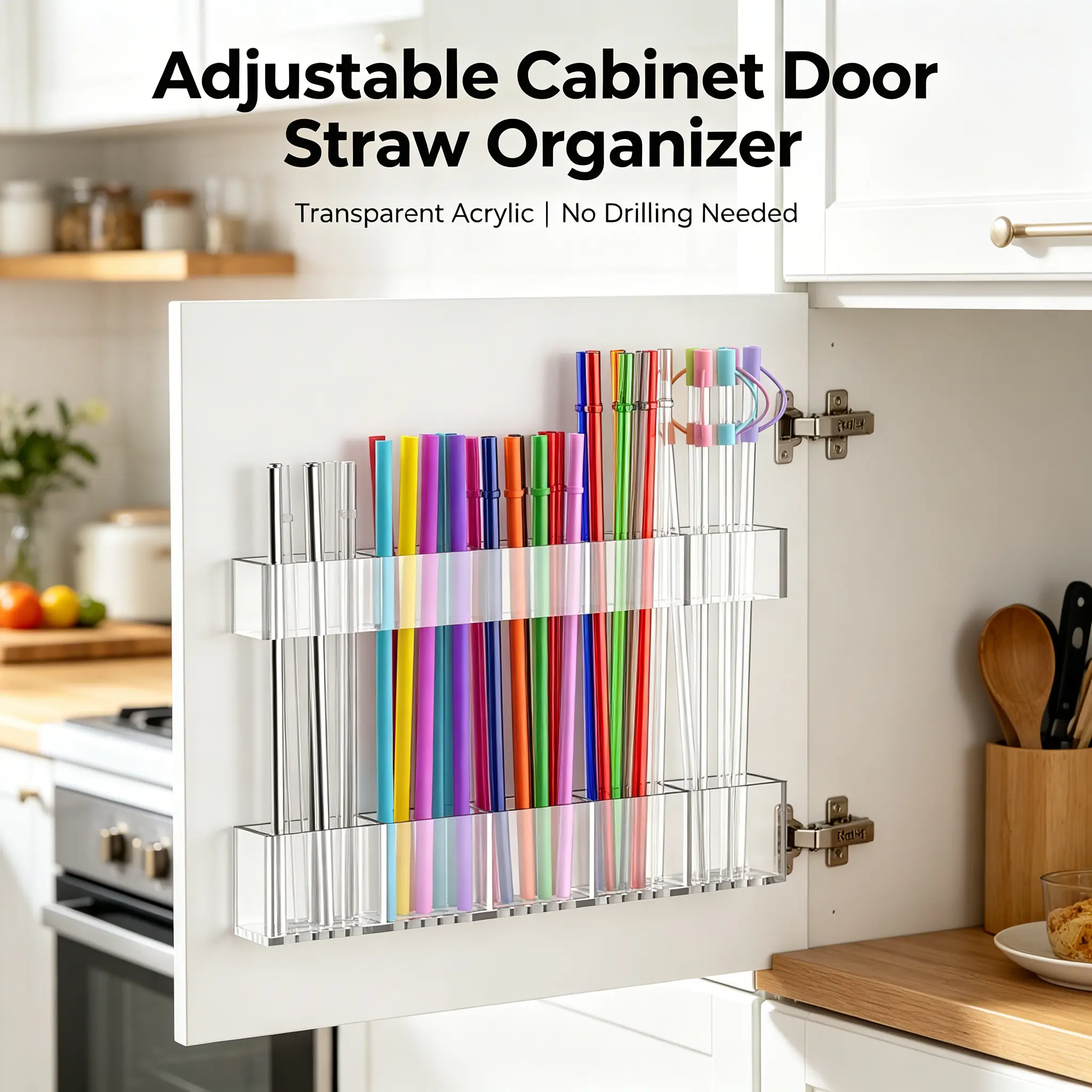 Straw Holder for Cabinet Door, 9.8” Adjustable Two-Part Large Acrylic Straws Organizer with Ultra Sticky Adhesive Strips, 2026 Reusable Utensil Storage for Kitchen Cupboard(Transparent)