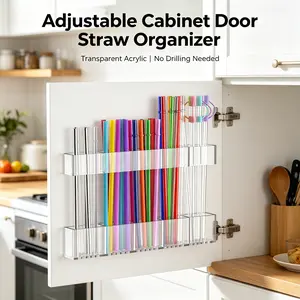 Straw Holder for Cabinet Door, 9.8” Adjustable Two-Part Large Acrylic Straws Organizer with Ultra Sticky Adhesive Strips, 2026 Reusable Utensil Storage for Kitchen Cupboard(Transparent)
