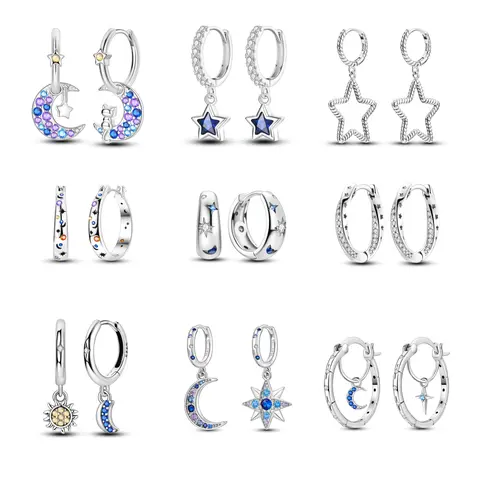 MULA Women's Celestial Earrings, Silver-Plated Star and Moon Hoops, Dangle Drops, and Sun Studs with Sparkling Zirconia for Everyday Wear, Star And Moon Earrings, Earring Stack