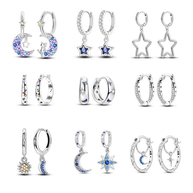 MULA Women's Celestial Earrings, Silver-Plated Star and Moon Hoops, Dangle Drops, and Sun Studs with Sparkling Zirconia for Everyday Wear, Star And Moon Earrings, Earring Stack
