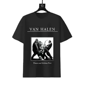 Men's Van Halen "Women and Children First" Album Cover Print T-shirt, 180g Cotton Casual Fit Fabric 70s Hard Rock Band Fan Tee, Vintage Black-White Short-Sleeve Vibe Shirt