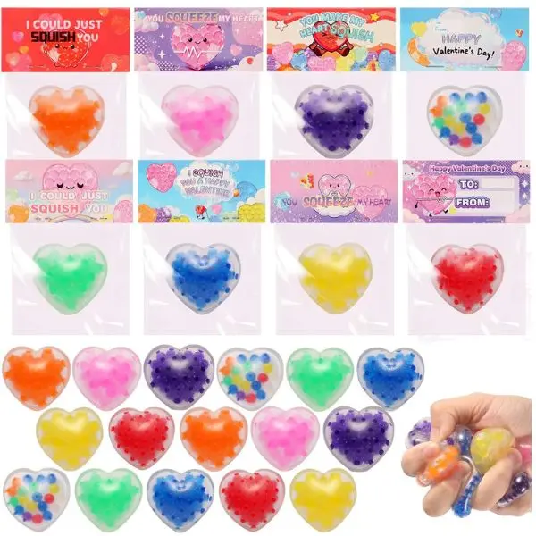 24-Pack Valentine’s Day Cards with Heart Stress Balls, Stress Relief Squishy Fidget Toys, Classroom Exchange Prizes & Party Favors