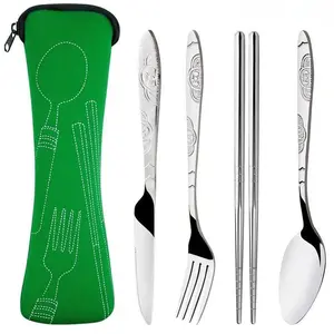 Stainless Steel Cutlery Set, Includes Spoon, Fork, Knife, Chopsticks and Storage Bag, Portable Tableware Set for Home Kitchen and Dining Room