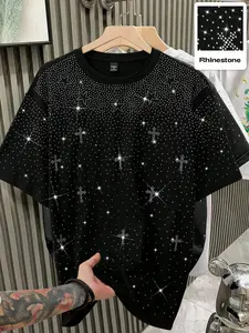 Men's Cross Rhinestone T-Shirt, Loose American Street Style, Shiny Short Sleeve Top, Casual Fitted Long T-Shirt