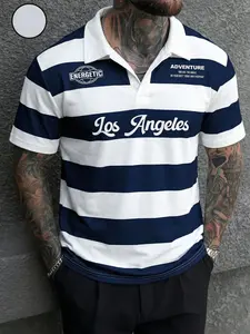 Men's Los Angeles Striped Rugby Polo Shirt | Lightweight Breathable Polyester, Blue & White Retro Sportswear, "Energetic" & "Adventure" Slogan Print, Casual Streetwear Tee, Ideal for Daily Wear, Urban Outings & Sporty Styles