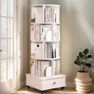 White Rotating Bookshelf with Drawer – 57" Tall 5-Tier Wooden Corner Bookcase, Space-Saving Freestanding Display Rack & Narrow Storage Organizer for Bedroom or Living Room