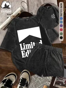 Women's suit geometric print pattern, cotton round neck outdoor sports, street Y2K sexy women's short-sleeved shorts washed old style Vintage casual two-piece suit, women's summer wear Fashion