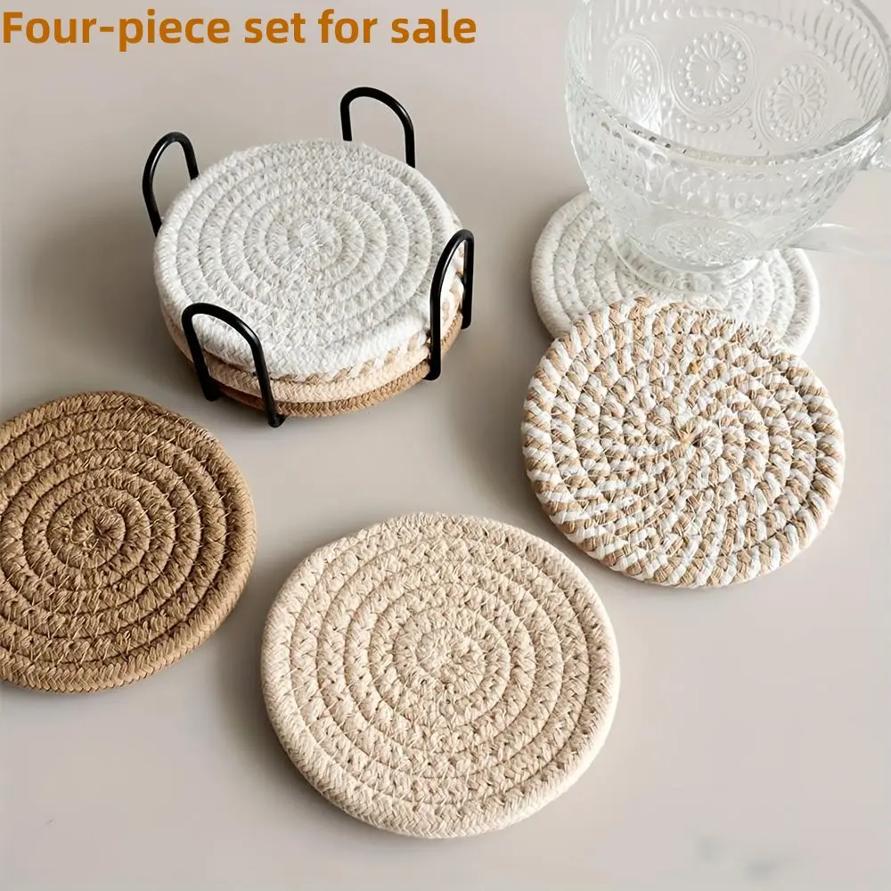 4 Counts Thickened Round Cotton-Rope Design Coaster Set, Heat-Resistant Non-Slip Washable Cup Coasters for Home and Office Drinks, Kitchen Coasters