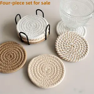 4pcs Thickened Round Coaster Set, Kitchen Coasters, Heat Resistant, Cotton Rope Design, Non-Slip & Washable, Ideal for Home & Office Use