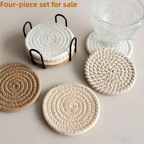 4 Counts Thickened Round Rope Design Coaster Set, Heat-Resistant Non-Slip Washable Cup Coasters for Home and Office Drinks, Kitchen Coasters