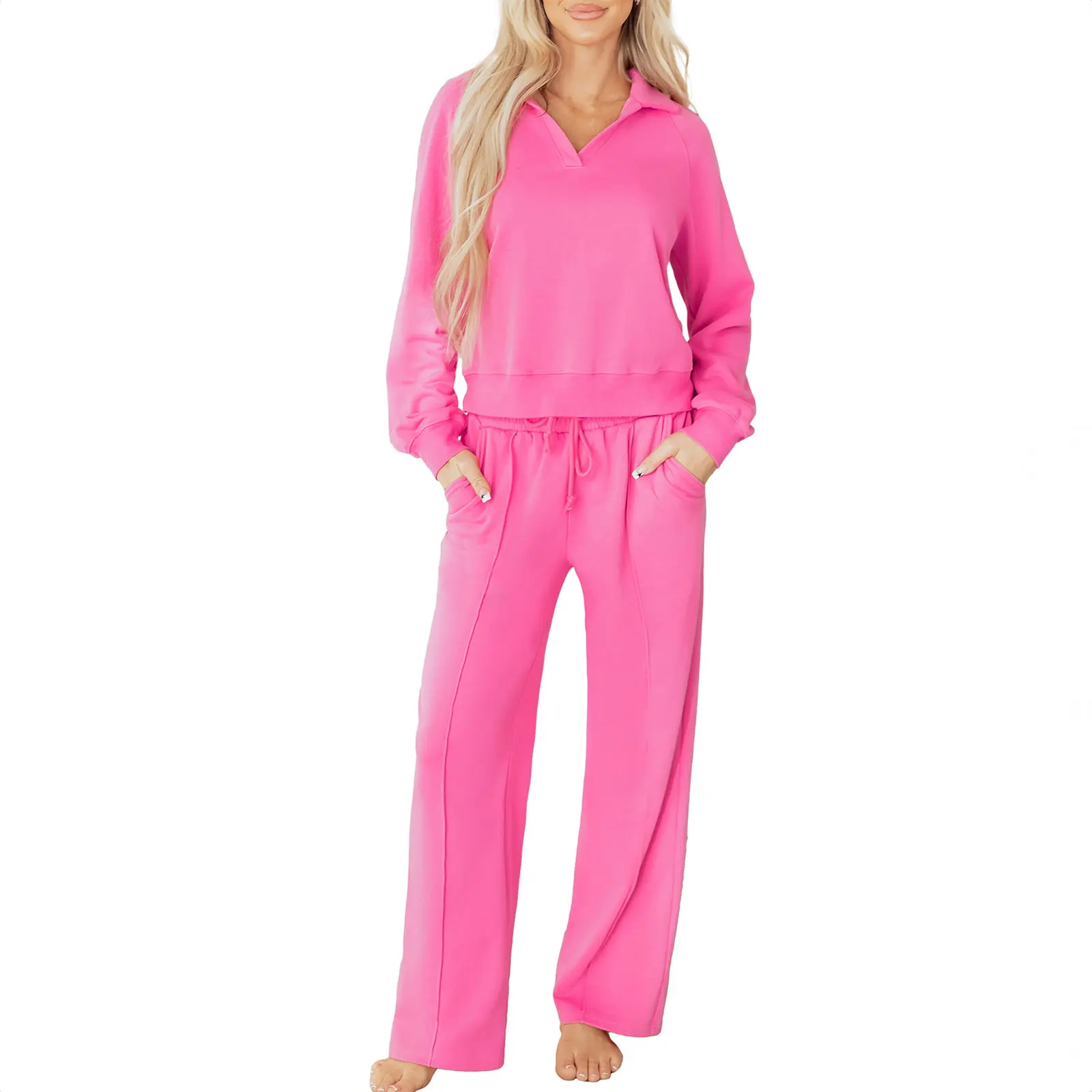 Asvivid Women Solid Polo V Neck Sweatshirt & Central Seam Pants Set Women Casual 2 Piece Loungewear Drawstring Waist Matching Outfit For Daily Wear sohochic