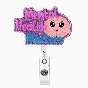 Mental Health Matters Cartoon Design Badge Holder, 1 Count Retractable Badge Reel with Clip, ID Badge Buckle for School Office Hospital, Nurse Badge Reel