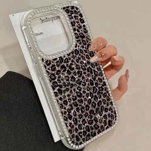 VYD Leopard Print Diamond-Accent Transparent TPU Smartphone Cover - Shockproof, Scratch-Resistant, Affordable Fashion Shell for iPhone 11-18, 16 Plus - Fall Deals Gift, Casing with Transparent View & Protection