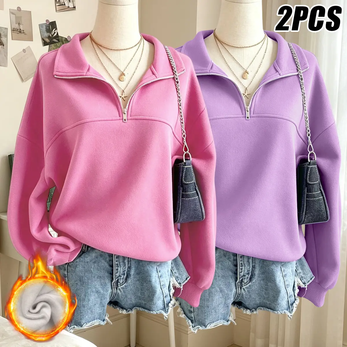 JOGWAVE Women's 2-Piece Set - Basic Minimalist Oversized Quarter-Zip Longsleeves Sweatshirt, Solid Color Loose Pullover Tops, Ideal for Outdoor Sports & Casual Wear,sohochic