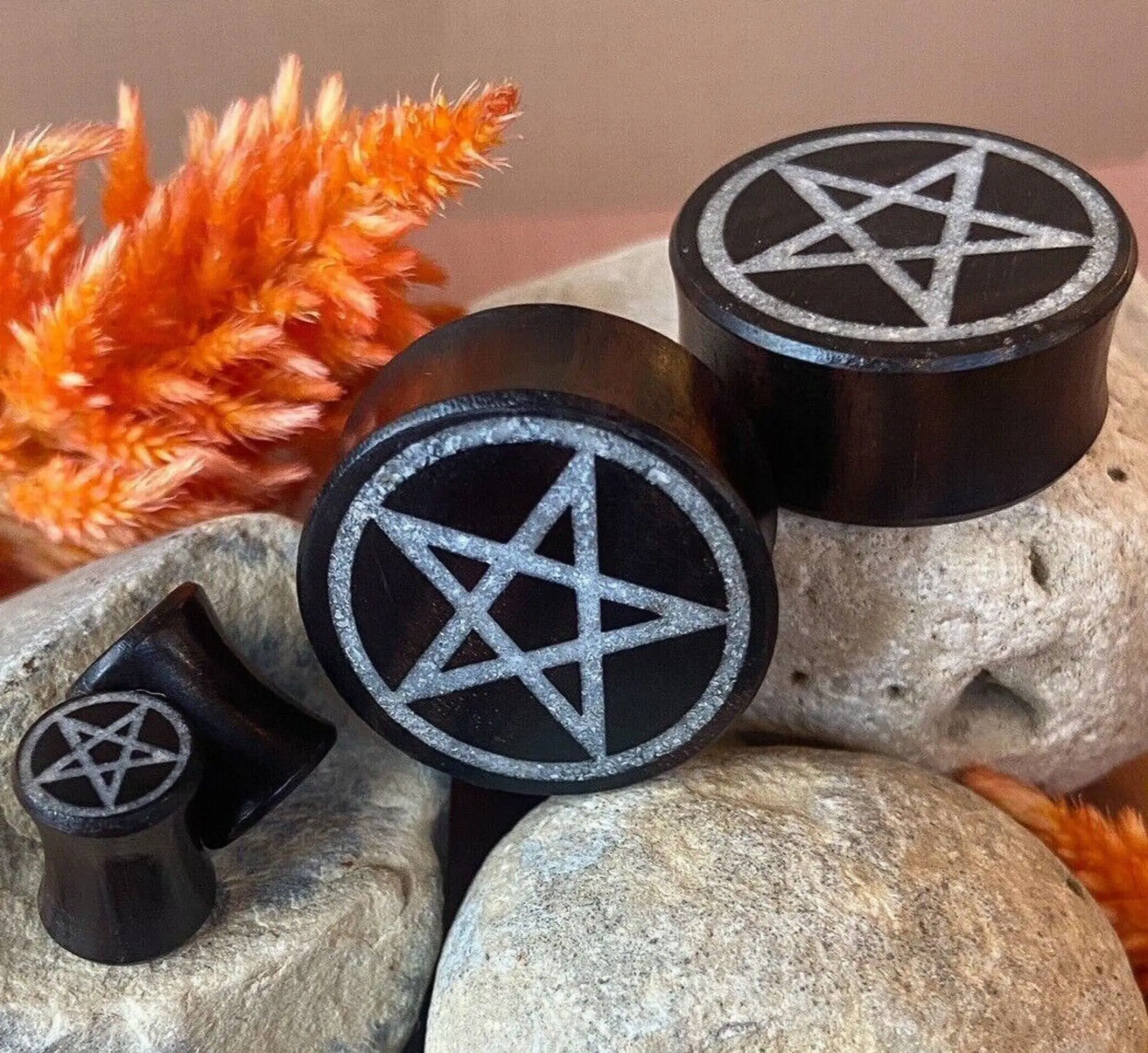 PAIR of Stunning Crystal Quartz Pentagram Inlay Black Wood Saddle Plugs/Tunnels - Gauges 0g (8mm) thru 1" (25mm)