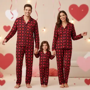 Valentine's Red Plaid Heart Print Family Matching Pajamas Set Long Sleeve Button Down Sleepwear Loungewear for Adults Kids