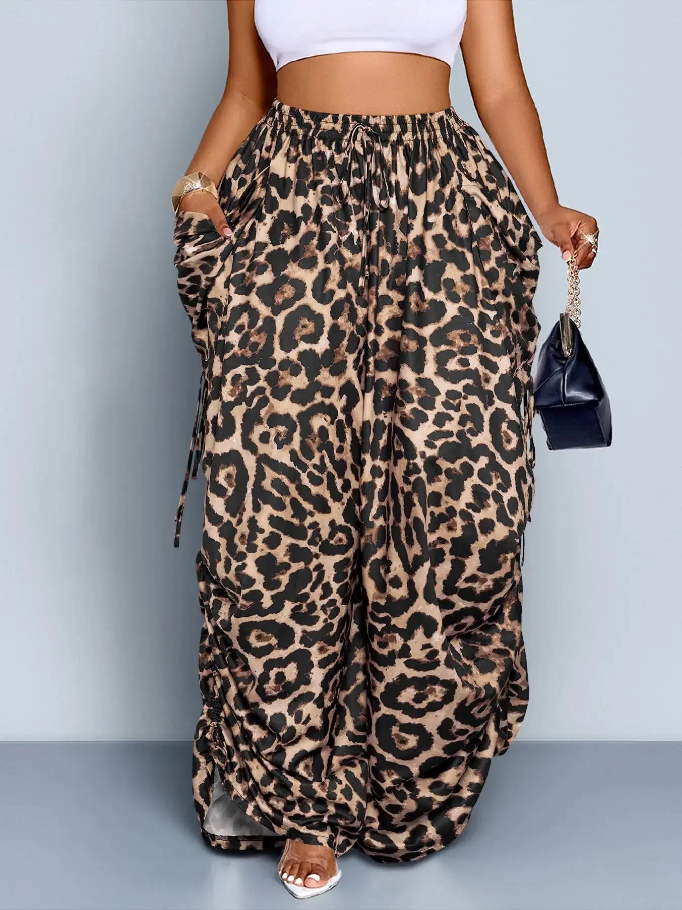 Women's Plus-Size Xlarge Leopard Print High-Waisted Wide-Leg Pants, Adjustable Elastic Waistband, Loose-Fitting Long Casual All-Season Fashion Bottoms, Xlarge Pants