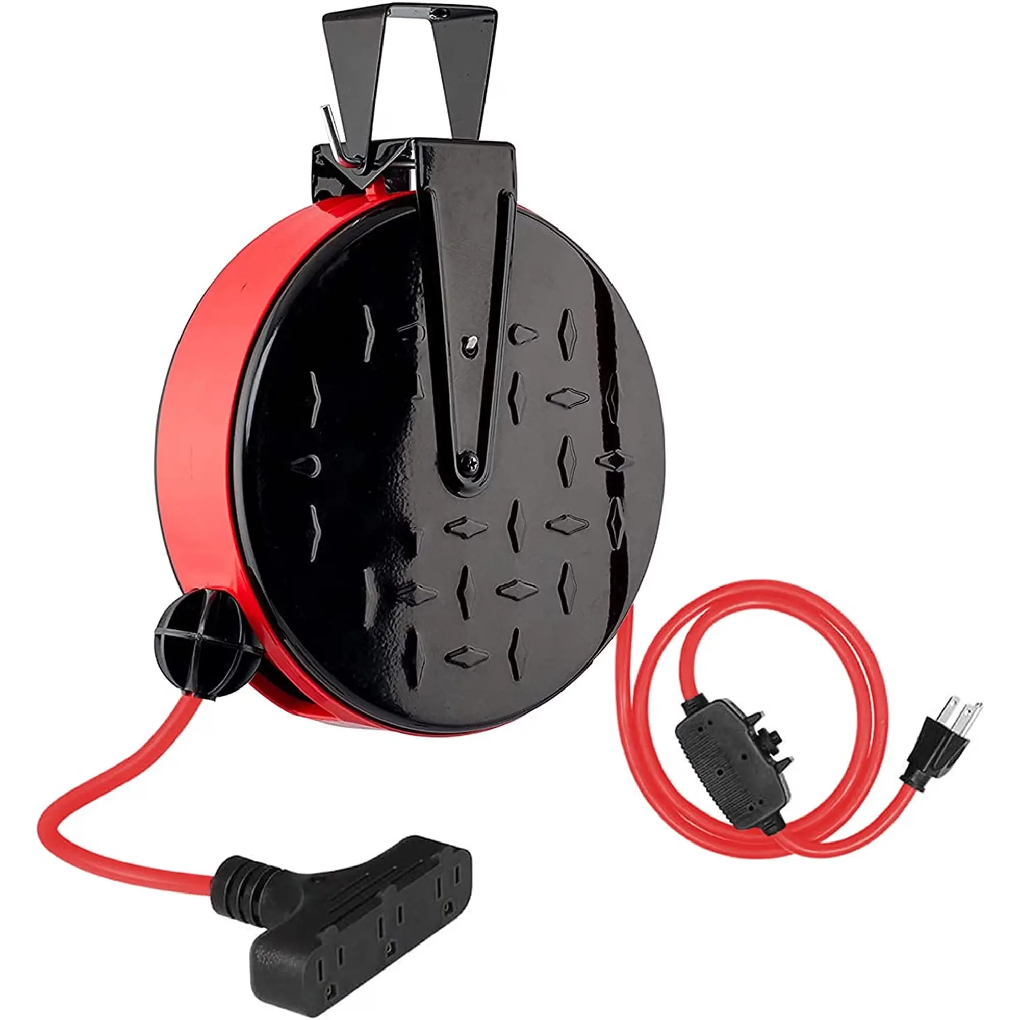 30 Ft Retractable Extension Cord Reel 16/3 SJTW 3 Outlets Wall Mount Red
