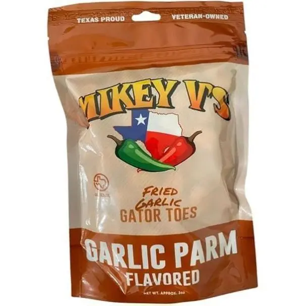 Mikey V's Garlic Parmesean "Gator Toes", Deep Fried Garlic Snacks, 3.9oz.
