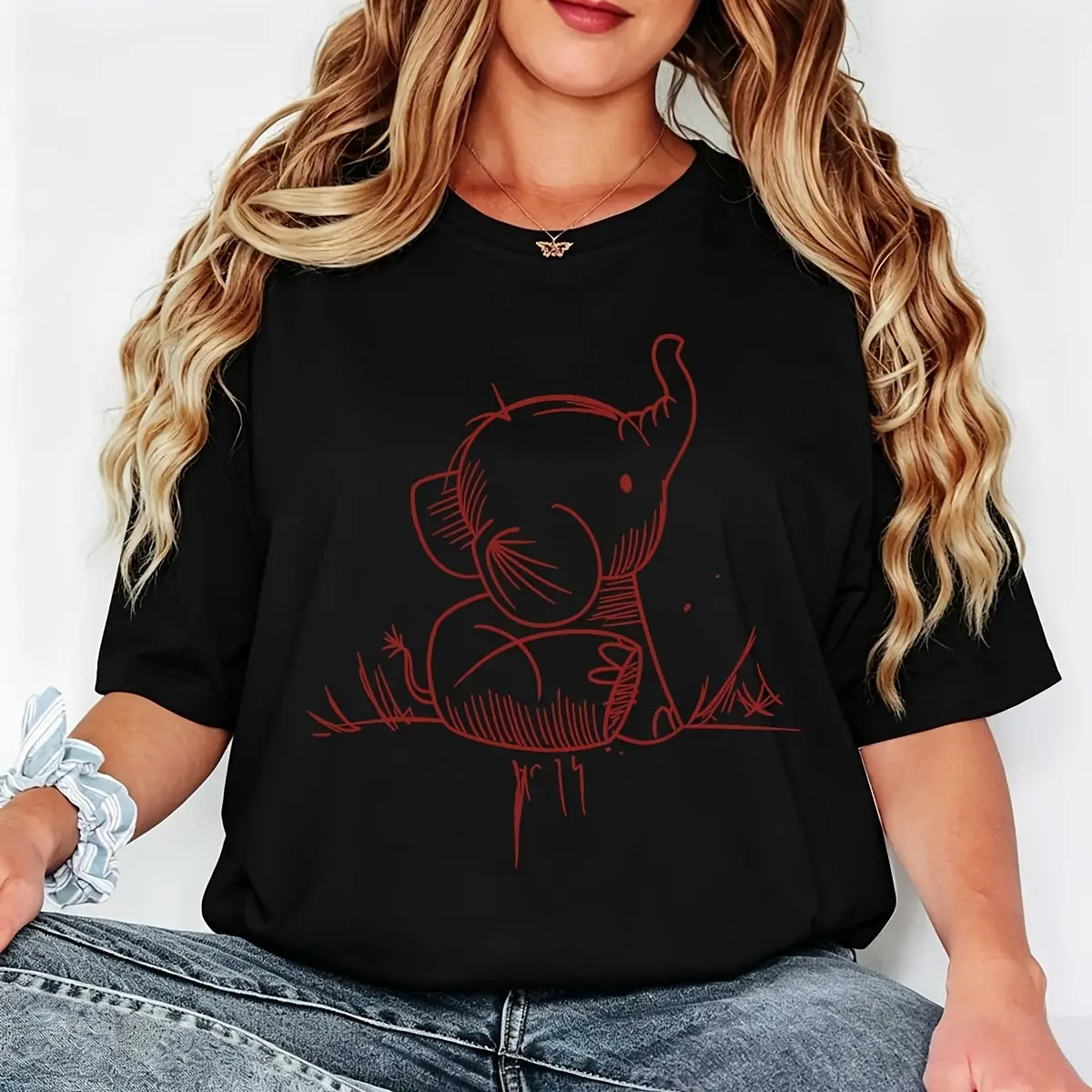 Cute Animal Print Women's T-Shirt Elephant Sketch Design Casual Summer Wear Gift For Her