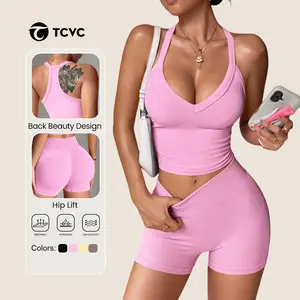 TCVC Women's Halter V-Neck Sports Two-Piece Set, High Elastic & Skin-Friendly, Butt Lifting & Body Shaping, Seamless Fit, Perfect For Yoga, Fitness, Daily Commute, Spring & Summer Fashion